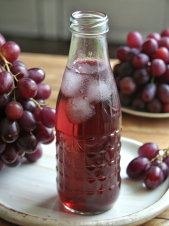 Red grape juice in a bottle and fresh grapes on the table.の素材