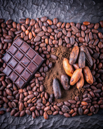 Cocoa beans, chocolate and powder on a black background.の素材