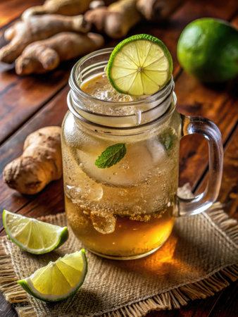 Ginger iced tea with lime and mint on rustic backgroundの素材