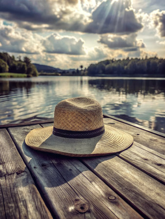 Straw hat on a wooden pier on the background of the lakeの素材