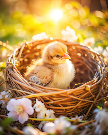 Cute little chicken in a wicker basket on the background of spring flowersの素材