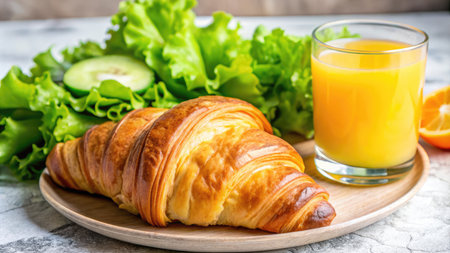 Breakfast with croissant, orange juice and fresh salad.の素材
