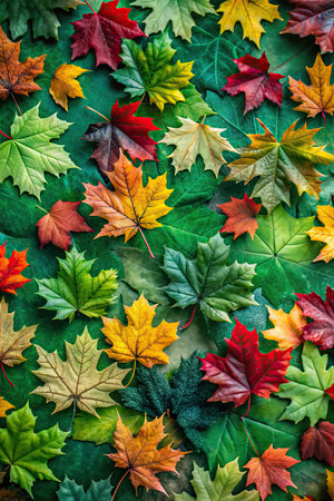 Colorful autumn leaves on green background. Flat lay, top view.の素材