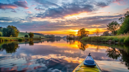 Kayak on the river at sunset. Beautiful summer landscape with a yellow kayak.の素材