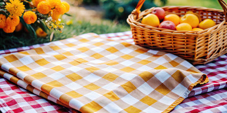 Picnic in the garden with basket of fruits on a checkered tableclothの素材