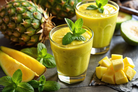 Healthy green smoothie with mango, pineapple and melon.の素材