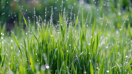 Fresh green grass with dew drops in the morning. Shallow depth of fieldの素材