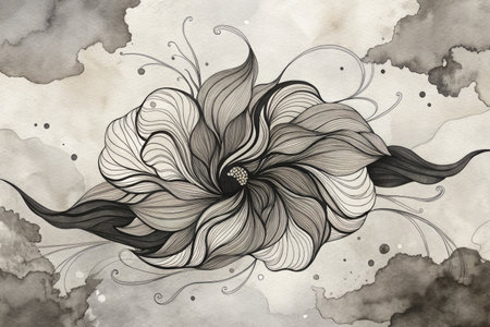 Hand drawn flower on watercolor background. Black and white illustration.の素材