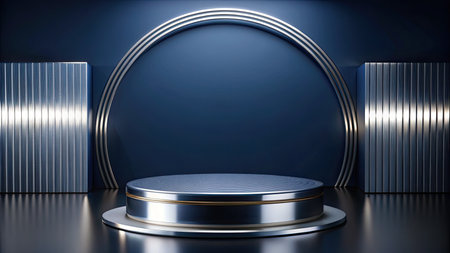 Dark blue background with round podium and geometric shapes.の素材