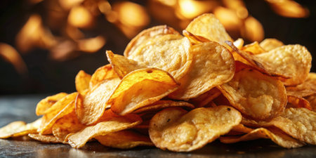 Potato chips on a dark background. Close-up. Selective focusの素材