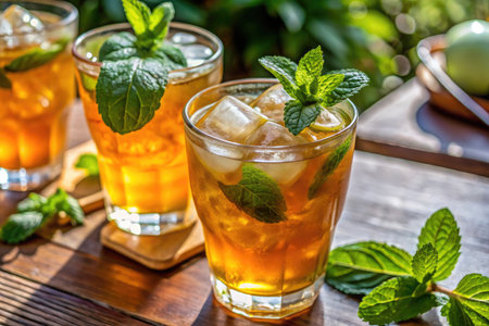 Iced tea with mint and ice cubes on a wooden table.の素材