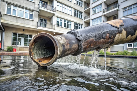 Water flowing from a pipe into the river. Water pollution concept.の素材