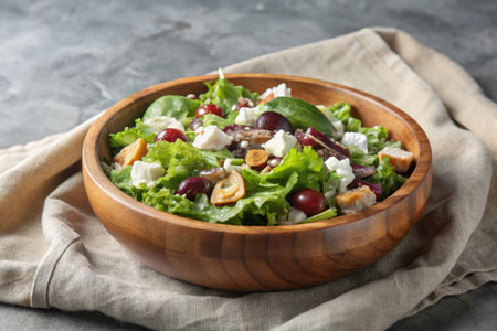 Fresh salad with olives, feta cheese and cranberries in wooden bowlの素材