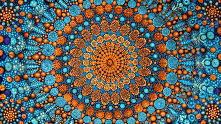 Abstract Radial Pattern with Orange and Blue Circular Elements, Symmetrical Geometric Design with Depth and Textureの素材