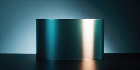 Luxury metal product display stand on black table with blue backgroundの素材