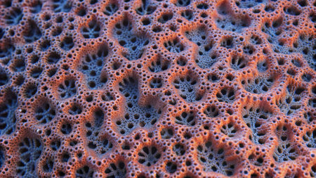 Close-up of red sponge texture for background. Macro shot.の素材