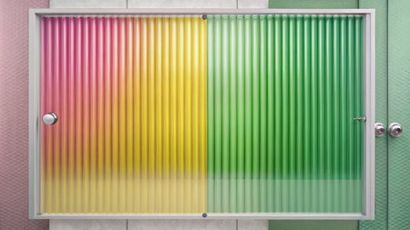 Green and yellow corrugated metal door in the bathroom.の素材