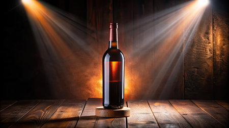 Red wine bottle on wooden table with rays of light and smoke.の素材