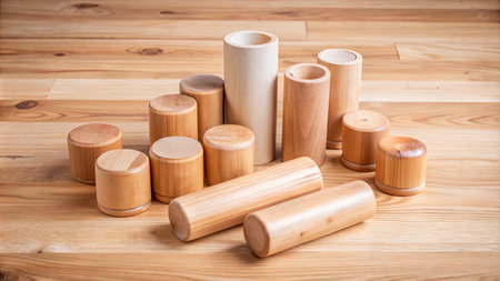 Wooden toys on a wooden background. A set of wooden toys.の素材