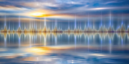 abstract background with blue sky and clouds reflected in the water.の素材