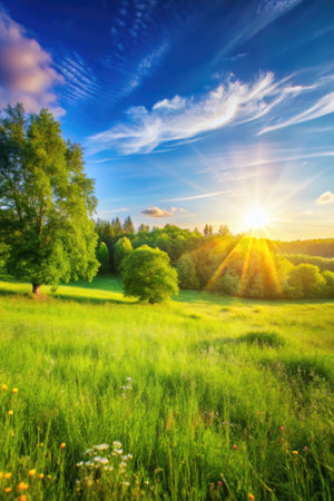 Sunset over meadow with trees and grass. Beautiful summer landscape.の素材