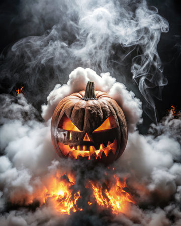 Halloween pumpkin with smoke and fire on dark background. Halloween conceptの素材