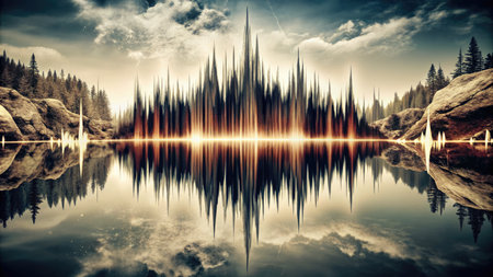 Composite image of mountains reflected in a lake against cloudy skyの素材