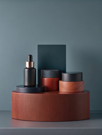 Cosmetic containers on wooden stand against color wall. Mockup for designの素材