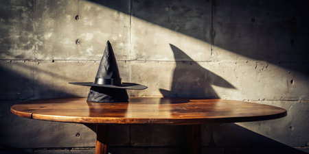 Halloween witch hat on wooden table in front of brick wall.の素材