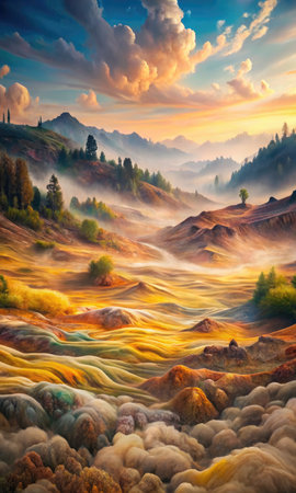 Colorful fantasy landscape. Fantastic view of the valley in the mountains.の素材
