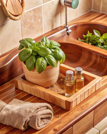 Wooden bathtub with green basil leaves and bottles of essential oilの素材