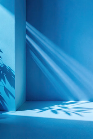 abstract blue background with shadows from the palm leaf on the wallの素材