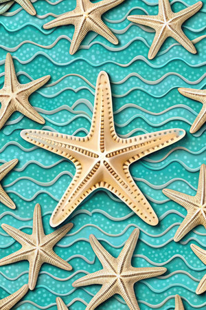 Seamless pattern with starfish on turquoise water backgroundの素材