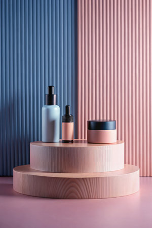 Cosmetic bottle containers on wooden stand on pink and blue stripes backgroundの素材