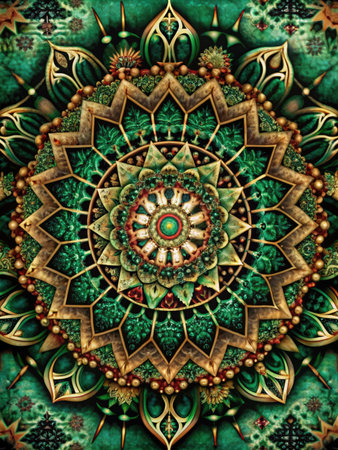 Intricate green and gold mandala with floral and geometric symmetry in detailed digital abstract designの素材