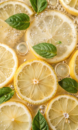 Slices of fresh lemon and mint in water, closeupの素材