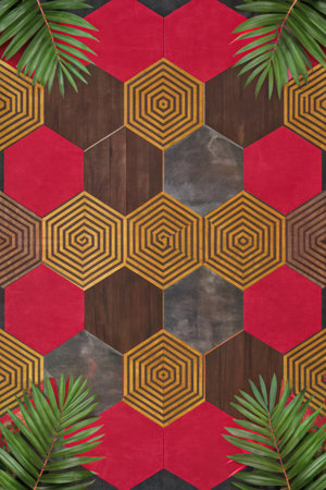 Abstract geometric pattern with hexagon shapes and palm leaves on wooden backgroundの素材