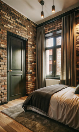 interior of a bedroom with brown brick wall and wooden floor, interior design conceptの素材
