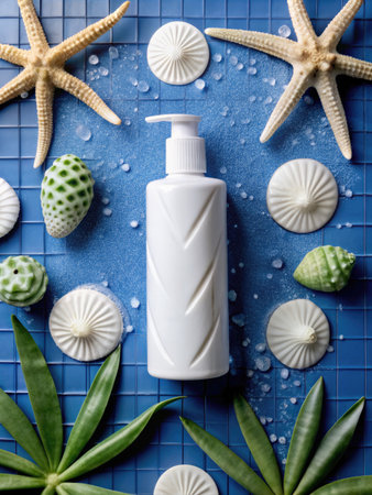 cosmetic cream in a white bottle on a blue background with sea shellsの素材