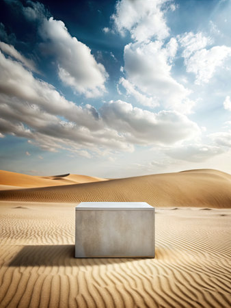 White box in the desert with blue sky and clouds.の素材