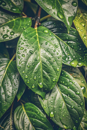 Green leaves with drops of water after the rain. Natural background.の素材