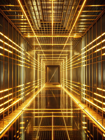 Futuristic corridor with glowing yellow lights.の素材