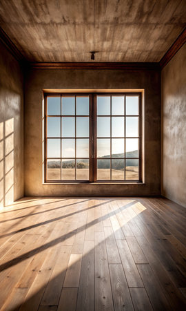 Interior of empty room with wooden floor and big window with mountain viewの素材