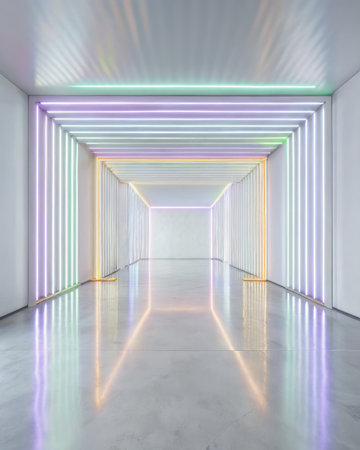 Abstract interior with neon lights, empty room, corridorの素材