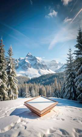 Open book on the background of snow-covered mountains and blue skyの素材