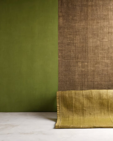 A vertical shot of a brown curtain on a green wall in a roomの素材