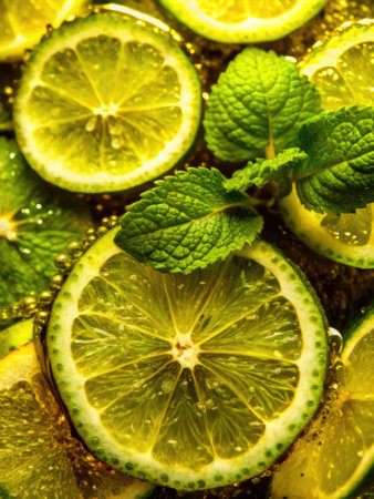 Mojito cocktail with lime and mint, close-up.の素材