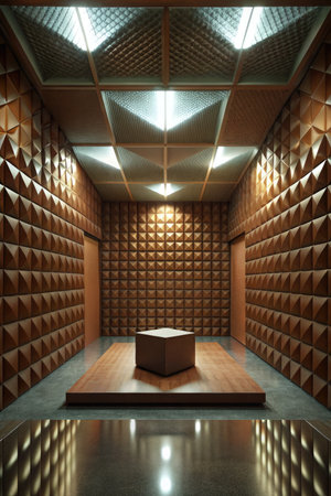 Interior of a hotel reception with a wooden cube in the middleの素材
