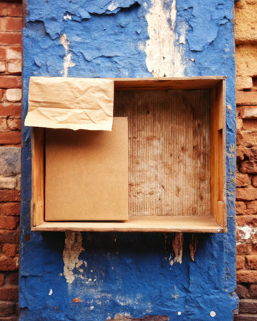 old paper box on blue brick wall with copy space for your textの素材