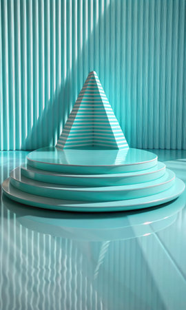 blue podium in empty room with turquoise wallの素材